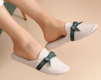 Linen slippers for women indoor beige with green blue bow for Valentine's Day/wife/friends birthday gift/wedding gift