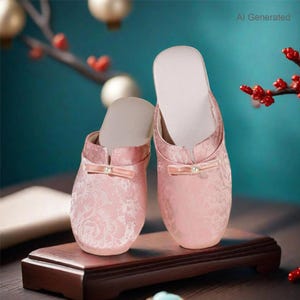 K&ouml;nnte beinhalten: Ein Paar hellrosa Slipper mit einem tonalen floralen Jacquardmuster. Jeder Slipper ist vorne mit einer kleinen horizontalen Schleife verziert, die in der Mitte mit einer wei&szlig;en perlenartigen Kugel versehen ist. Das Fu&szlig;bett ist hell gehalten.