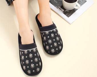Satin women's slippers black printed satin microfiber sole super comfortable indoor slippers