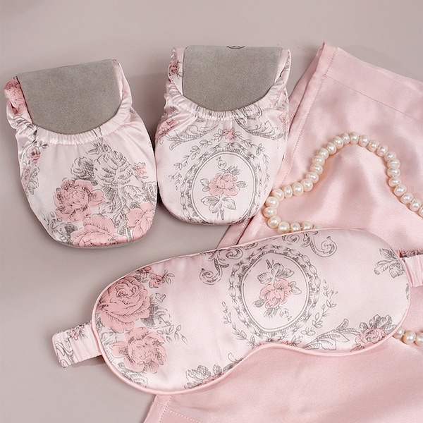 Mulberry Silk Travel Slippers Set: Ballet Flats, Eye Mask & Bag