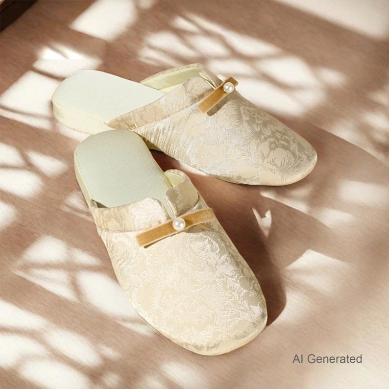 K&ouml;nnte beinhalten: Ein Paar cremefarbene Slipper mit einem dezenten floralen Jacquardmuster. Jeder Slipper ist mit einem horizontalen beigen Samtriemen &uuml;ber dem Vorderblatt verziert, der durch eine einzelne, mittig platzierte wei&szlig;e Perle akzentuiert wird.
