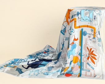 May include: A square silk scarf featuring a light blue background with a complex, colorful graphic print. The design includes orange pipes, clusters of blue, white, and pink balloons, stylized plant illustrations, and various mechanical line drawings.