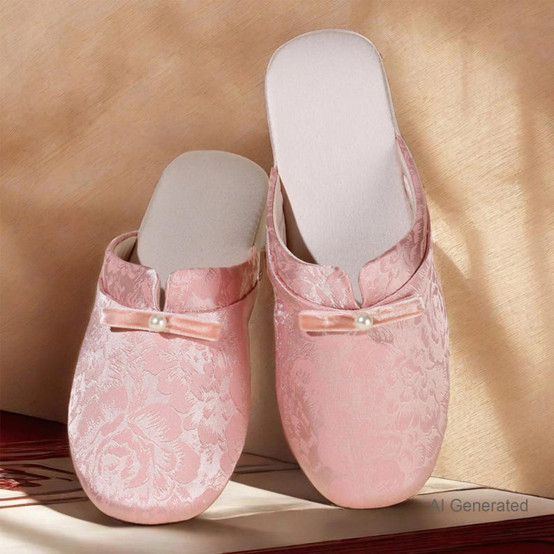 K&ouml;nnte beinhalten: Ein Paar hellrosa Slipper mit einem tonalen floralen Jacquardmuster. Jeder Slipper verf&uuml;gt &uuml;ber ein glattes wei&szlig;es Innenfutter, eine abgerundete Zehenpartie und einen horizontalen rosa Bandriemen &uuml;ber dem Vorderfu&szlig; mit einer wei&szlig;en Perle.