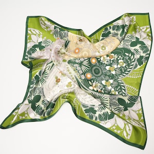 Mulberry Silk Scarf: Lucky Green Floral Print, 28x28 Inches