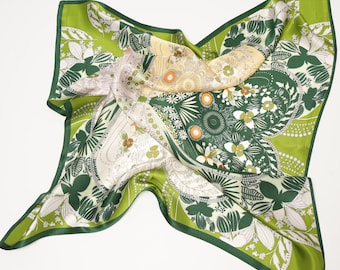 Mulberry Silk Scarf: Lucky Green Floral Print, 28x28 Inches