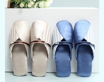 Elegant satin slippers for women house slippers indoor cloth slippers beige with green blue bow for wife/friends birthday gift/wedding gift