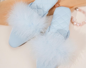 Bridal Slippers: Satin Slippers with Handmade Feathers Gift Elegant Wedding/Bridesmaid