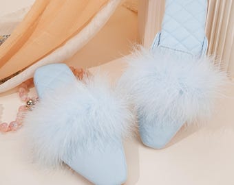 Bruiloftslippers: satijnen pantoffels met handgemaakte veren Cadeau elegant bruids/bruidsmeisje