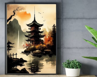 Japanese Printable Wall Art, Pagoda Landscape, Japanese Temple Art , Japan Wall Art, Digital Download