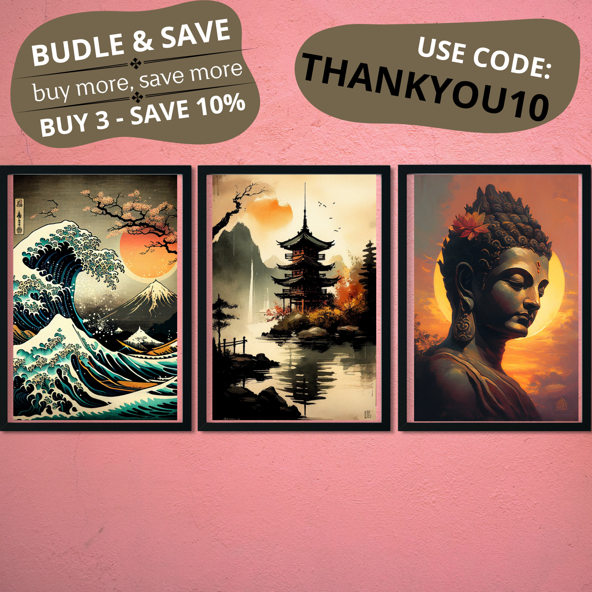 Japanese Printable Wall Art, Waterfall Landscape Print, Japanese Temple