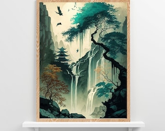 Japanese Printable Wall Art, Waterfall Landscape Print, Japanese Temple Art , Japan Wall Art, Digital Download