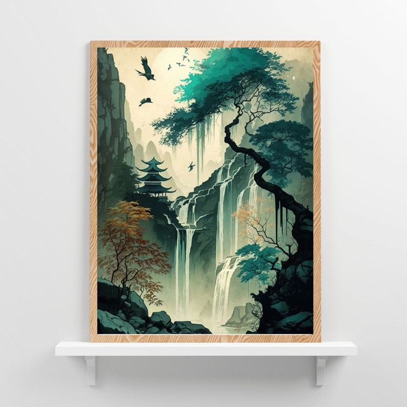 Japanese Printable Wall Art, Waterfall Landscape Print, Japanese Temple