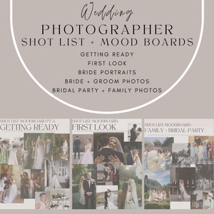 WEDDING Photographer Shot List (getting ready, bride + groom photos, bridal portraits, veil portraits, family + bridal party photos)