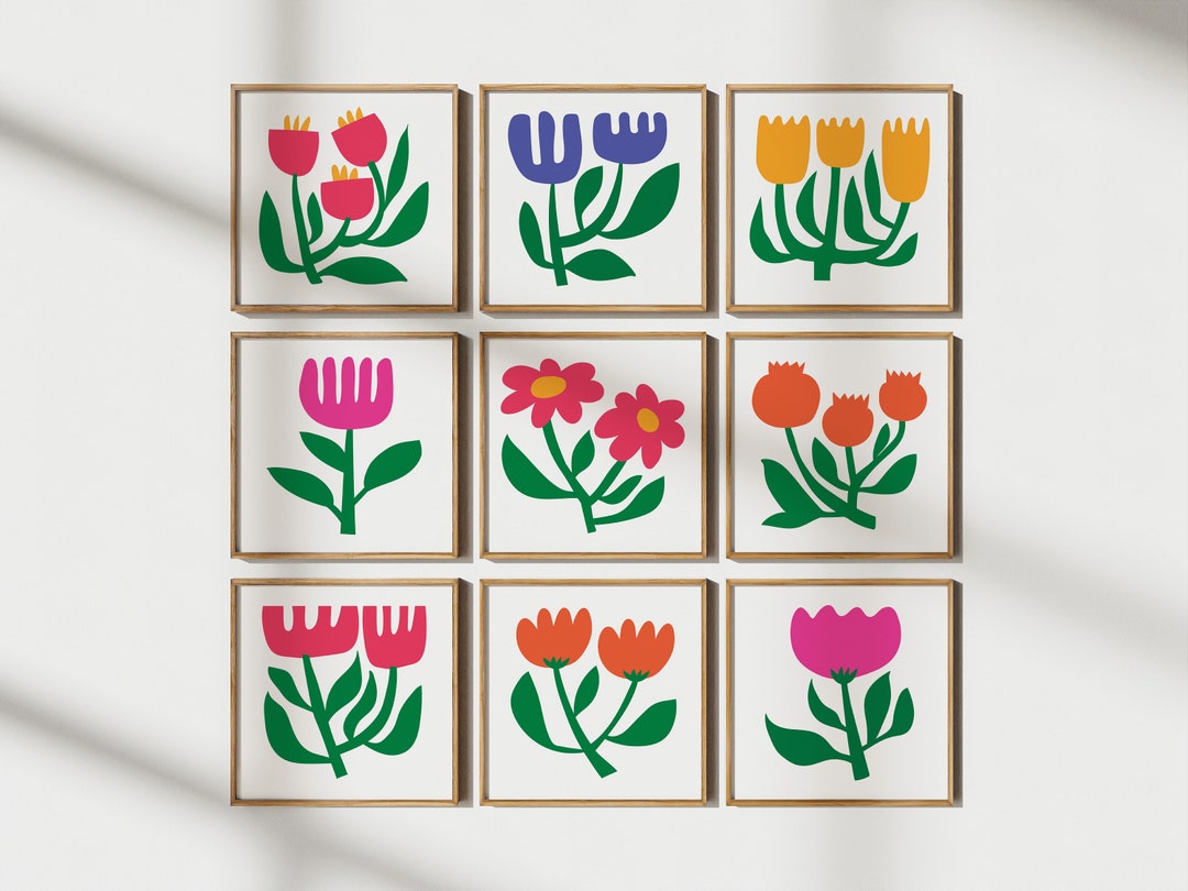 Flower Art Print Set of 9, Square Floral Prints, Pink Orange Wall Art ...