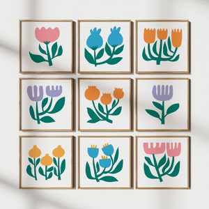 Square Flower Wall Art, Abstract Flower Prints, Set of 9, Pastel Colors, Square Print Set, Floral Art Prints