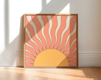 Printable Square Wall Art, Set of 6, Retro Geometric Sun Prints, Yellow Sun with Salmon Waves, Abstract Square Posters, Digital Art