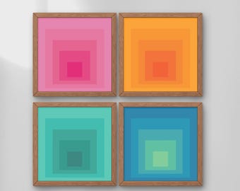 Puede incluir: Un conjunto de cuatro láminas de arte cuadradas dispuestas en cuadrícula, cada una enmarcada en madera clara. Cada lámina presenta una serie de cuadrados anidados en tonos degradados de rosa, naranja, turquesa y azul, creando un efecto de profundidad.