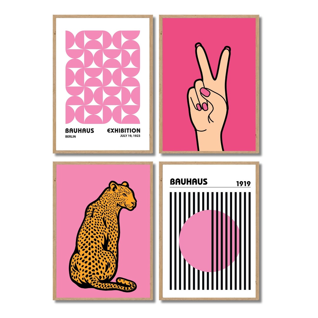 Printable Pink Wall Art Setpink Wall Decor Printspink Poster Set set of 4pink Bauhaus pink Retro