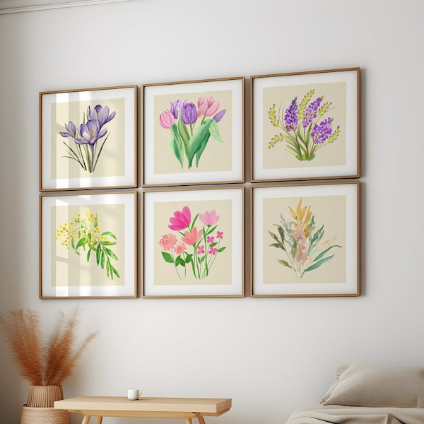 Printable Square Flower Wall Art,Square Flower Prints,Flower Poster Prints,Set Of 6 Prints|Square Print Set,Printable Wall Art
