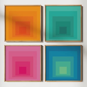 Printable Square Geometric Wall Art, Set of 4, Colorful Posters, Turquoise, Orange, Blue, Pink Abstract Wall Decor