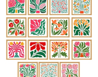 Abstract Flower Printable Square Orange Wall Art Set of 15