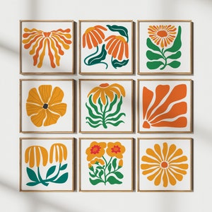 Square Flower Art Print|Square FlowerArt Prints|Floral Art Prints| Set Of 9|Square Flower Poster|Matisse Flower|Square Orange Flower  Set |