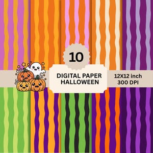 May include: A collection of 10 digital paper patterns featuring vertical wavy stripes in various color combinations including orange, purple, pink, green, and black. A graphic of three smiling pumpkins and a ghost is displayed with text 10 DIGITAL PAPER HALLOWEEN 12X12 inch 300 DPI.