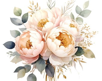 Watercolor Peony Clipart Bundle, Blush Floral Eucalyptus, Gold Accents (PNG Digital Download)
