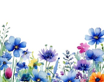 Wildflower Border, Cliparts Bundle, Watercolor Flowers, 10 Transparent PNGs, Instant Download, Floral Illustration