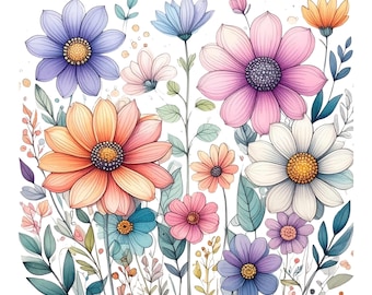 Whimsical Watercolor Flowers PNG Bundle – 10 Floral Clipart with Transparent Background