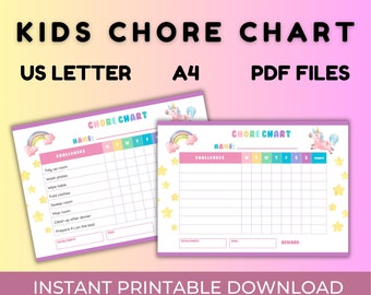 Kids Chore Chart Printable, Summer Routine Chart , Children Reward Chart, To Do List Chart, Unicorn Challenges Chart,