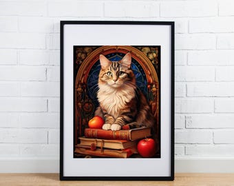 Enchanted Library Maine Coon Cat Art Print (Digital Download)