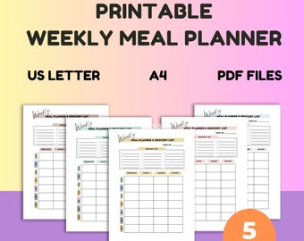 Weekly Meal Planner Printable, Weekly Meal Tracker, Menu Plan and Prep, Grocery List