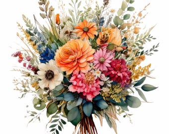 Watercolor Wildflower ClipArt, Boho Bouquet, Wedding Bouquet, 10 PNGs, Transparent, Scrapbooking, Journalling, Paper Craft