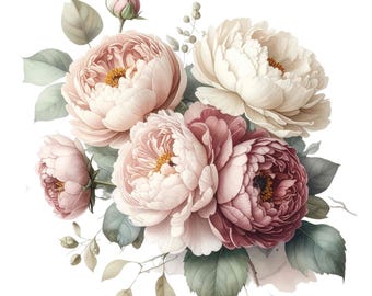 Watercolor Peony Clipart Set: 10 Blush Floral PNGs Transparent Background (Digital Download )