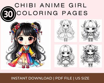 Chibi Girls Coloring Pages | Kawaii Dolls Adult Coloring Book | Printable Digital Download
