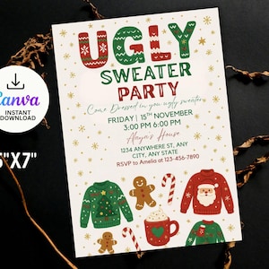 Peut inclure: Une invitation de 5"x7" pour une fête de pulls moches. Le design présente les mots "Ugly Sweater Party" en rouge et vert, ainsi que des illustrations de pulls, de bonhommes en pain d'épices et de cannes en sucre. Téléchargement instantané.