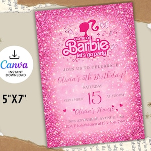 May include: Pink glittery invitation with the text "Come on Barbie let's go party". The invitation is for Olivia's 5th birthday, with the date and time listed. The invitation is 5"x7" and available for instant download.