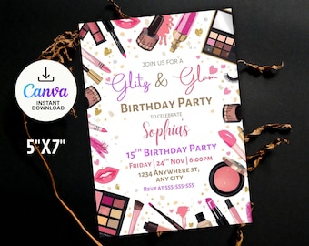Glitz and Glam Birthday Party Invitation, Spa Party Makeup Invitation, Makeup Invitation, Tween Girl Birthday, Pink and Gold, Editable Canva