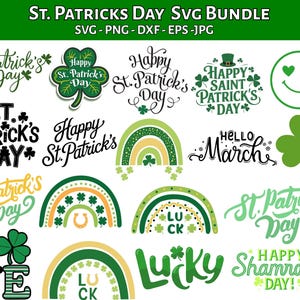 Op de afbeelding: Een St. Patrick's Day SVG-bundel met diverse ontwerpen. De ontwerpen bevatten klavers, regenbogen en tekst zoals "Happy St. Patrick's Day", "Lucky" en "Hello March". Het kleurenpalet bestaat uit groen, geel en zwart.