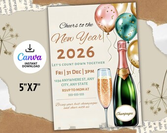 May include: New Year's invitation card with champagne bottle, glass, and balloons. The card reads "Cheers to the New Year 2026" and includes event details. The card is 5"x7" in size.