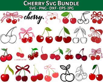 Cherry SVG Bundle, Cute Cherry Clipart, Bow Cherry Svg, Checkered Cherry Jpg, Coquette Png, Cricut Cut Files, Cherry PNG, Digital Download