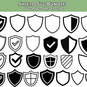 May include: A collection of shield designs in black and white. Some shields have checkmarks, while others are solid or outlined. The image includes the text "SHIELD SVG BUNDLE" and file type information.
