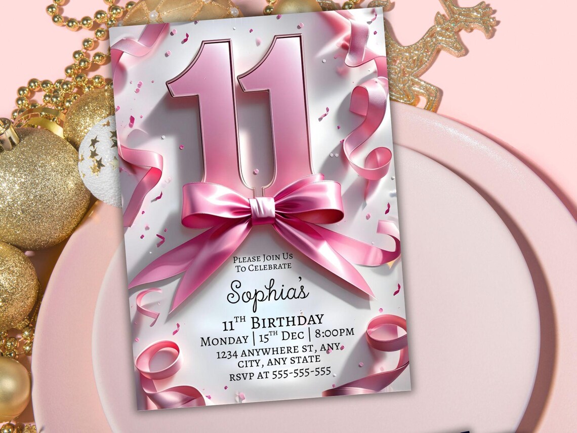 Pink Bow 11th Birthday Invitation, Girls Coquette Invite (editable ...