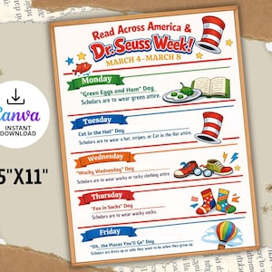 May include: A framed poster for Dr. Seuss Week, March 4-8, with daily themes like "Green Eggs and Ham" and "Cat in the Hat." The poster is 8.5" x 11" and features colorful illustrations of related items, such as a hat and socks.