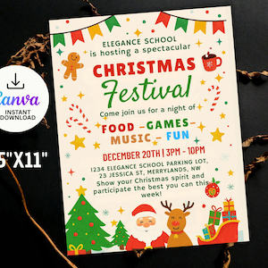 May include: A festive Christmas Festival invitation, 8.5" x 11", with a cream background. The invitation features colorful illustrations of a gingerbread man, candy canes, stars, and a Christmas tree. Text includes "Christmas Festival" and event details.