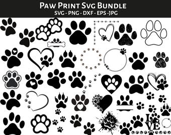 Puede incluir: Una colección de diseños de huellas de patas negras en varios estilos, incluyendo impresiones sólidas, formas de corazón y contornos. La imagen también incluye el texto "PAW PRINT SVG BUNDLE" e información de tipo de archivo.