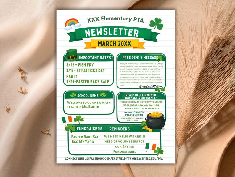 Editable March Newsletter Template, St Patricks PTO PTA School News ...