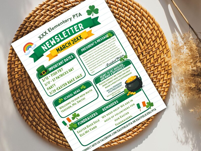 Editable March Newsletter Template, St Patricks PTO PTA School News ...