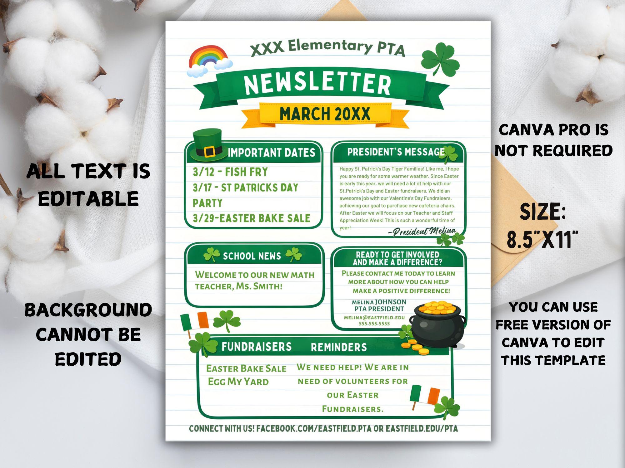 Editable March Newsletter Template, St Patricks PTO PTA School News ...